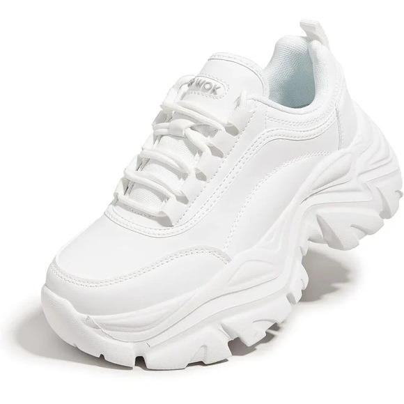 Women White Chunky Platform Dad Black Casual Lace-Up Walking  Sneaker - Picture 1 of 7
